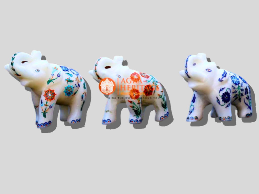 Marble 3 pcs Elephant Set Multi Inlay Stone Good Luck Gift